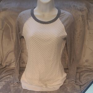 Gray and White Long Sleeve Raglan Tee, Crochet Detail